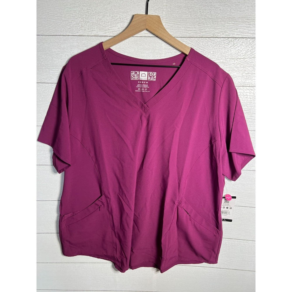 WonderWink NEW RENEW Scrub Top Womens 2X Wine Burgundy Stretch Zipper Pocket